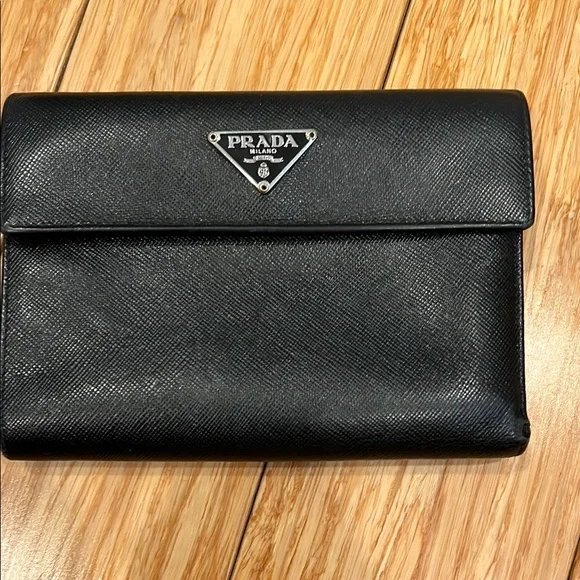 Prada Saffiano Triangle Flap Wallet Black - Picture 1 of 10